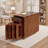 TFFCIC Space Saving Drop Leaf Dining Table and Chairs Set 6-8 Seater, Ready Assembled Extendable Folding Solid Wood Kitchen Table with Storage and Lockable Wheels (Walnut, 150 cm Table)