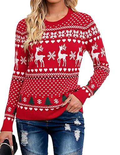Bresdk Weihnachtspullover Damen Christmas Pullover Sweater Elegant Langarm Weihnachtspulli Weich Warm Strickpullover für Party Frauen Weihnachten Rot L