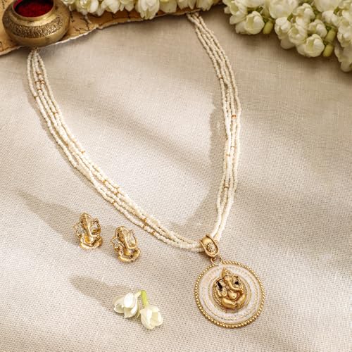 Image of Rubans Womens 24K Gold-Plated Divine Ganesh Motif White Pearl Studded & Beaded Multistrand Necklace Set