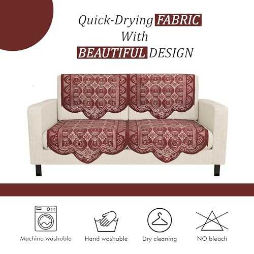 Image of Kuber Industries (Set of 4) Stylish & Durable Cotton Sofa Covers 2 Seater | Washable Sofa Protector /Mat & Slipcover for Hall, Living Room & Office | Plain Circle - Maroon