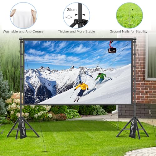 Image of Outdoor Projector Screen with Stand, TOWOND 120 inch Portable Movie Screen, 16:9 HD Foldable Anti-Crease Projection Screen with Carry Bag for Sports Viewing Parties Support Double Sided
