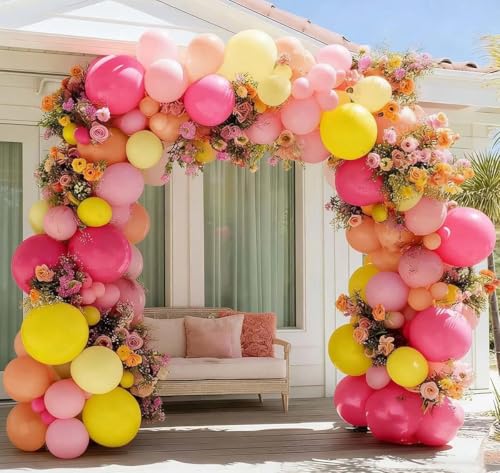 Image of Pink Yellow Balloon Arch Double Stuffed Baby Pink Peach Balloons Different Sizes Colorful Balloon Garland For Birthday Baby Shower Spring Wildflower Wedding Home Decorations