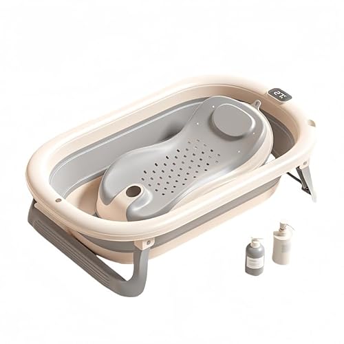 HIYOKU ベビーバス 折り畳み式 スマート 滑り止め 温度表示付き 折りたたみ 大容量45L 湯温計付 沐浴ネット&浮きパッド付属 新生児から幼児まで長く使える 収納楽々 沐浴 浴室用 バスタブ 赤ちゃん お風呂 0~18カ月頃 18 ヶ月以上 (火山