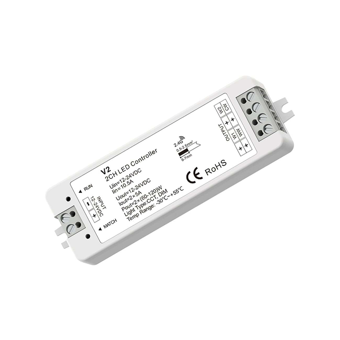 2CH*5A 12-24V DC 2.4GHz RF Controller for Single Colour/CCT LED Strip Lights, V2 โ image 1