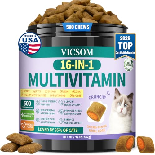 VICSOM Taurine for Cats & Cat Vitamins 500 Crunchy Krill Chews