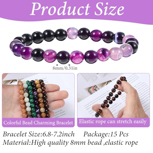 15pcs 8mm Gorgeous Semi-Precious Gemstone Bracelet, Round Beaded Bracelets for Women Men, Crystal Stretch Bead Bracelet Jewelry Gifts2