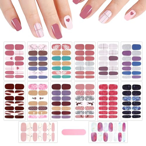 MWOOT 14 Hojas Colorful Pegatinas Uñas, Nail Stickers Decoraciones para Nails, Nails Art Accesorios Nail Strips Wrap, Self Adhesivas Pegatinas Uñas para Mujer Women Cute Fingernail Decorations