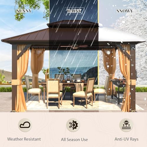 Image of Invezo All Weather Outdoor Garden Gazebo (Size : 12 x 10 Feet) Aluminium Frame & Galvanised Steel roof top, with Mosquito net and Curtain - Terrace Gazebo, Shed for Lawn Waterproof /UV Proof