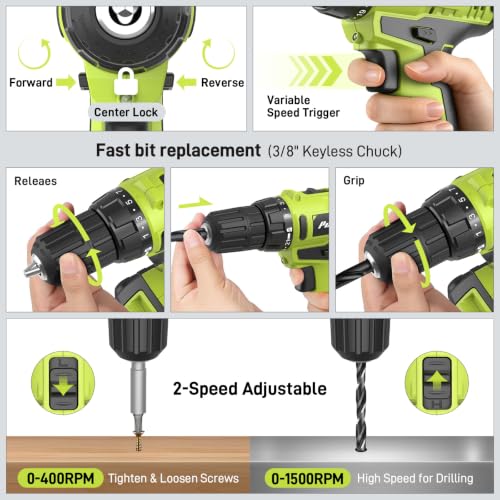 PULITUO 199-Piece Power Tool Set with 20V Cordless Drill Driver, Electric Screwdriver, 2 Batteries, Charger, LED Light and Toolbox, Home DIY Drill Set for Women and Men(Green) - Image 5