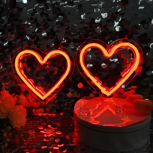 Image of Britrio Red Heart Neon Sign for Girls Room Dorm Bedroom Wall Decor Art 2 Pcs LED Neon Heart Light Sign Wedding Anniversary Birthday Party Home Decor Gifts for Mothers Valentine Battery or USB Powered