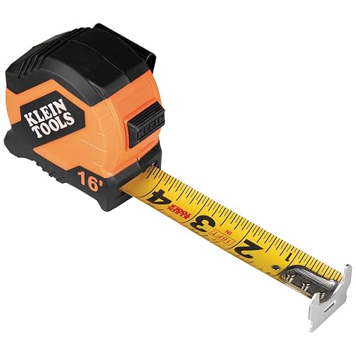 Klein Tools Cinta métrica 9516, cinta métrica imperial compacta de doble gancho de 16 pies con freno de dedo, hoja de nailon, líneas llamativas