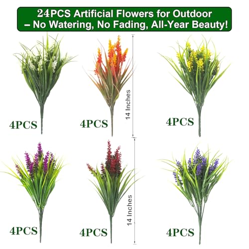 Image of Grunyia Artificial Lavender Plants with Mixed Color Flowers, 20 Bundles, Outdoor Decorative Grass