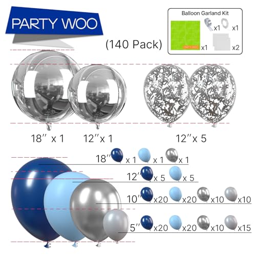 Image of PartyWoo 140 pcs Blue Balloon Arch Kit Garland Navy and Light Baby Blue Silver Gray 4D Foil and Glitter Balloons for Baby Shower Gender Reveal Graduation Wedding Birthday Party Decorations