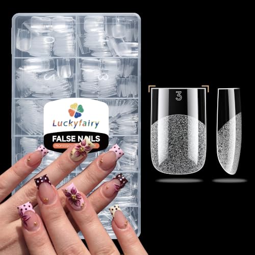 Image of Luckyfairy Short Square Nail Tips 504Pcs Sharp Square Shape 12 Size | Soft Gel No C Curve, Pre-Etched Square Nails, Half Matte Full Cover Clear Press On, Nail Art DIY Home Salon Extension