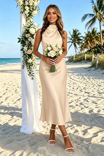 Image of Women's Satin Maxi Dress Summer Formal Wedding Guest Cocktail Dress | Mock Neck Sleeveless,Elegant Silk Midi Long Dress,High Neck,Halter,Aline,Bridesmaid,Bridal Shower Guest,Garden Party,Dinner