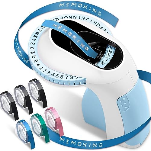 Kznifmk Impresora de Etiquetas en Relieve E975 MáQuina Impresora de Etiquetas en Relieve 3D con 6 Rollos de Cintas en Relieve, Impresora PortáTil, Azul