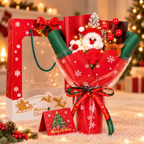 Image of Christmas Crochet Flower Bouquet with Santa & Reindeer, Handmade Xmas Gift