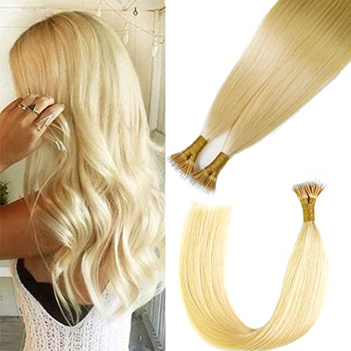 KOCONI 14 Inch Bleach Blonde Nano Rings Hair Extensions Real Human Hair Extensions Platinum Blonde #24 Double Drawn Nano Ring Hair Extension Nano Tip Beads Human Hair Extensions 50g 1g/Strand