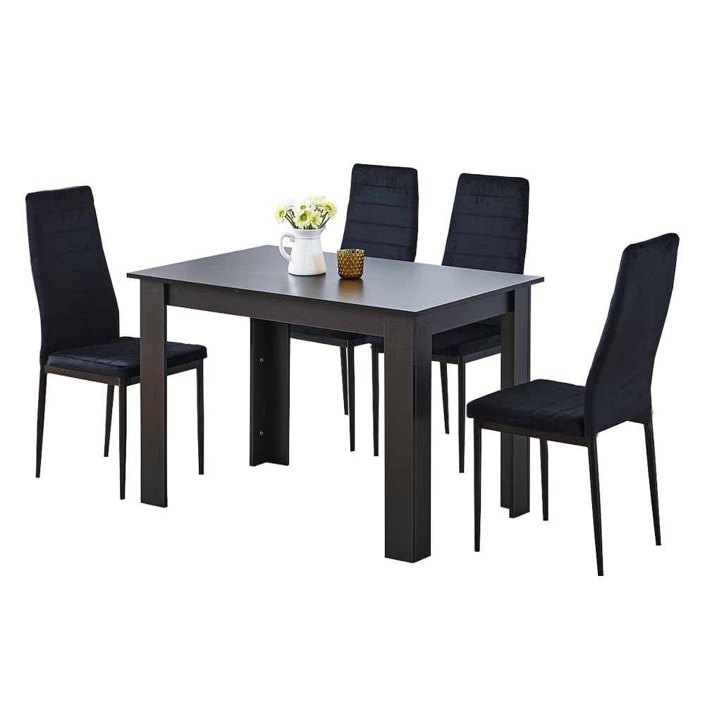 Homullel 5 Piece Dining Room Table and Chairs Set for Dining Room Kitchen, Modern Wooden Dining Table with Chairs for Family Dinner Set (With 4Pcs Black Velvet Chairs, 110cm Black Table)