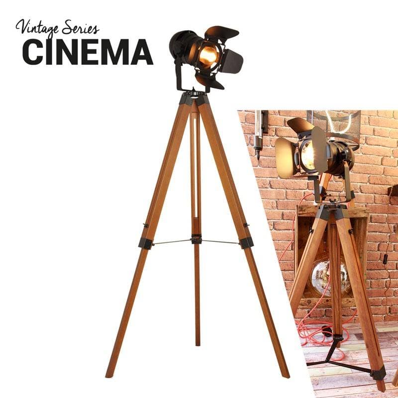 BARCELONA LED Lampe sur pied trépied noire et bois réglable, hauteur ajustable, lumière orientable, style moderne et vintage industriel, idéale pour salon, chambre, bureau, escalier, restaurant