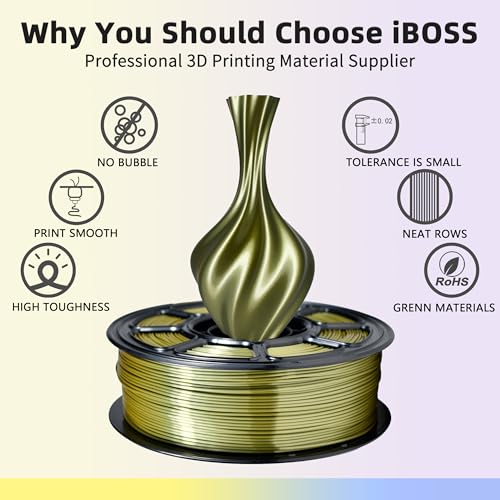 Image of iBOSS 3D Printer Silk Filament, Shiny Silk PLA+ Filament 1.75mm, Smooth Silky Surface PLA Plus, Great Easy to Print for 3D Printers, Dimensional Accuracy + /- 0.02mm, Silk Olive Gold 1KG