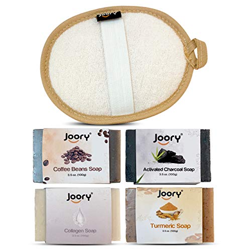 JOORY Natural Moisturizing Soaps for Women and Men â€“ 4 Bath Soaps with Exfoliating Egyptian Loofah Body Scrubber â€“ Vegan Friendly, Cold Pressed Charcoal, Coffee Beans, Turmeric and Collagen Soaps