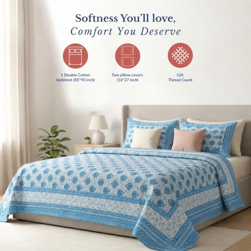 Image of Jaipur Weaves Jaipuri Double Bed Cotton Bedsheet Queen Size 90x85, 120 TC 100% Pure Cotton Bed Sheet with 2 Pillow Covers, Floral Traditional Print (Blue Buta, Double)