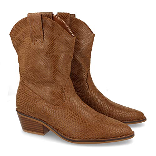 Botin de Tacon para Mujer, con Estampado de Serpiente y Cierre de Cremallera, Otono Invierno 2020. Talla 37 Camel Cover