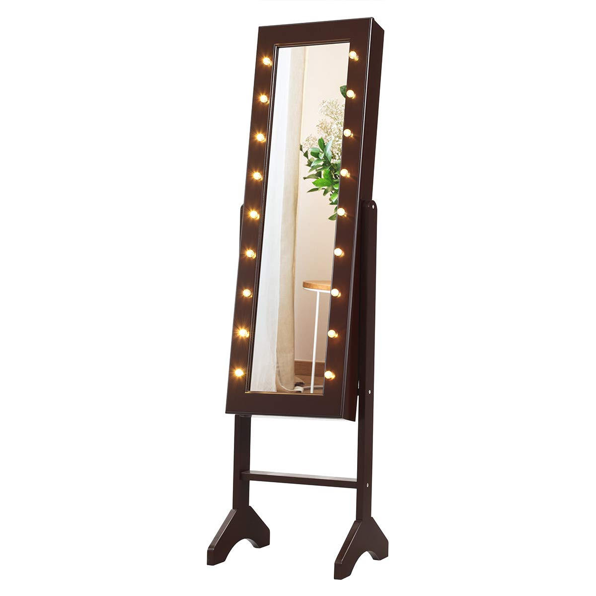COSTWAY Armario para Joyas Espejo Joyero de Pie con 18 LED, Inclinación Ajustable, Marrón