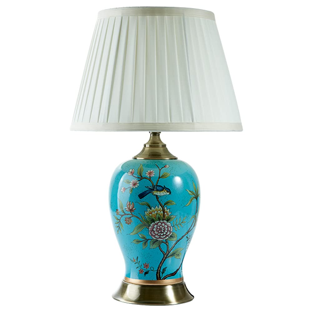 Przejściowa lampa stołowa z białym ręcznie wykonanym kloszem 19,7" niebieska ceramiczna lampa w słoiku na imbir do jadalni, lampka nocna na stolik nocny(A-50X30CM)