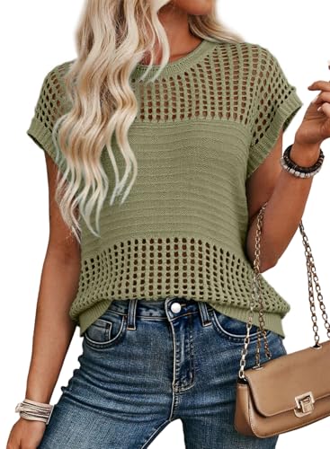 EVALESS Womens Tops Casual Summer Cap Short Sleeve Crochet Hollow Out Knit Sweater Vest Pullover T-Shirts Beach Coverup