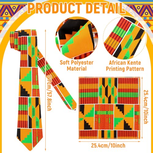 Zoooyawn 3 Pcs African Kente Kufi Hat Kente Tie and Pocket Square Socks Set Black History Month Accessories for Men(Tie, Pocket Square and Hat)