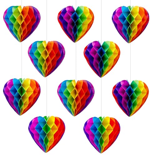 10 Pcs Rainbow Party Decorations Rainbow Birthday Decorations, Heart Paper Honeycomb Balls Hanging Pride Decorations for Party Celebration Wedding Decorations