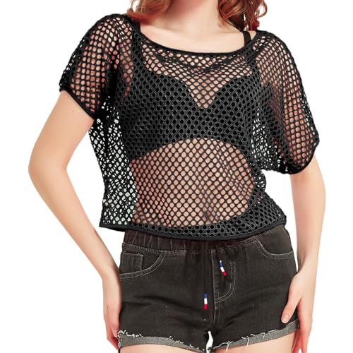 80s Fancy Fishnet Top for Women Neon Mesh Top Off the Shoulder T-shirt 1980s Retro Theme Party Costume Accessories Cosplay