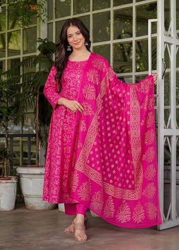 Image of PARTHVI Women's Printed Cotton Anarkali Kurta & Pant With Dupatta Set