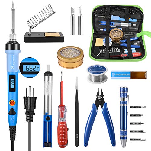 Soldering Iron Kit, 80W Digital LCD Soldering Iron with Solder Tips/Sucker/Wire, Wire Cutter, Screwdrivers, Voltage Tester, Tweezers, Brass Coil Ball, Stand, PU Bag, Fast Heating Thermostatic Design