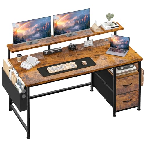Klyvvo Escritorio con 2 Cajones Ofrecer Espacio de Almacenamiento, 140x48 cm Escritorio Gaming con Soporte para Monitor y 2 Gancho para Auriculares, Adecuado para Teletrabajadores y Gamers, Marrón