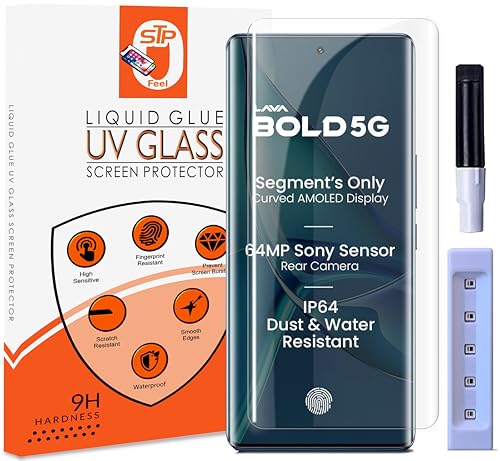 Image of STP FEEL Premium UV Tempered Glass Screen Protector Guard Compatible For Lava Bold 5G (6.67 Inch, Pack of 1) Full Adhesive UV Curved Case Friendly HD Clarity with easy installation kit for Smartphone