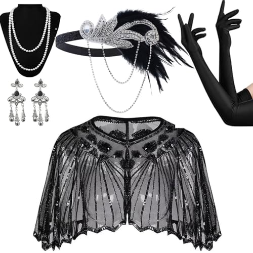 SAISISAIKER 1920s Gatsby Costume Accessories Set, Roaring 20's Accessories,Flapper Dress Cape, Headpiece, Pearl Necklace, Earrings and Long Black Gloves, 5 Pieces