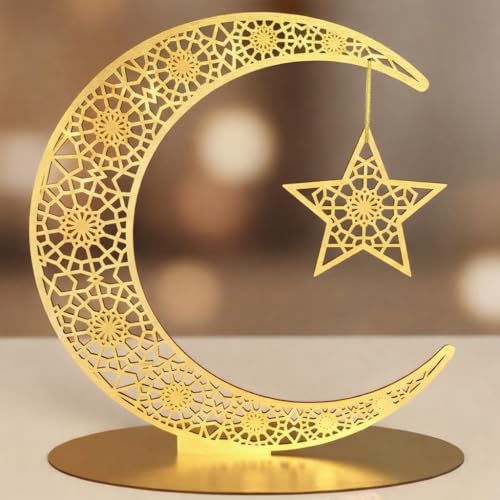 Image of Ramadan Crescent Wooden Moon with Hanging Star Table Decor 12x12 Inch Islamic Decoration for Home Showpiece for Desk, Living Room & Festive Gift Gold Finish Decorative Stand
