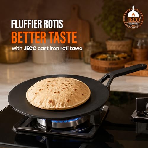 Image of Cast Iron Roti Tawa with Handle|Pre-Seasoned Non-Stick Iron Tawa for Roti /Dosa /Chilla |Heavy Duty Non-Toxic Cookware |Stove & Induction Compatible | Black, 28cm, 2kg