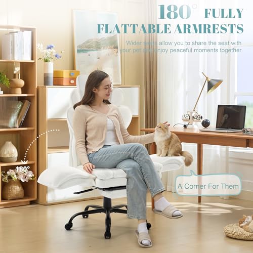 Image of Flip Armrests Criss Cross Office Chair, Reclining Office Chair with Foot Rest, Adjustable Headrest, Massage Waist Pillow, Cross Legged Big and Tall Desk Chair Wide Seat Vanity Chair, White Fabric