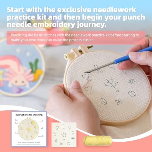 Image of Gipony Embroidery kit for Beginners,Punch Needle Kits Adults Beginner,Punch Needle kit for Beginners, Includes All Tools and Materials,Easy to Follow Instructions and Videos-Axolotl