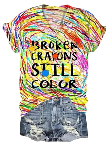 Funny V Neck T Shirt Women Mental Health Awareness Shirt Cute Letter Print Short Sleeve Shirt Tops