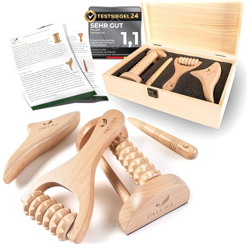 PALURA Massageroller Holz Set Faszienrolle Massage Tool für Arme Beine und Nacken Anti Cellulite Roller - Physiotherapie Praxis Zubehör - Frauen Geschenke