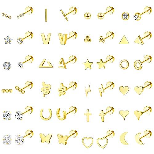 Sanfenly 24 Pairs Stud Earrings For Women Men 20G Stainless Steel Tiny Silver Gold Rose Gold Black Cartlidge Earrings Stud Small Snake Star Moon Ball Butterfly Triangle Heart Square Round Cz Screw Back Flat Back Stud Earrings Piercing Earrings Set #TOP19