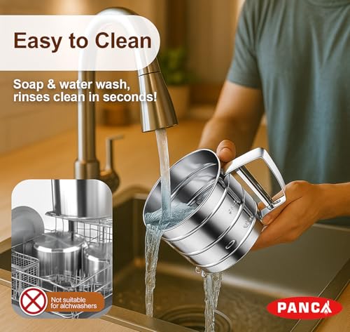 Image of PANCA Stainless Steel Flour Sifter | Hand Press Atta Chhani with Handle | Large Capacity Corrosion-Resistant Flour Sieve Cup for Baking, Sugar, Wheat, Maida & Powdered Ingredients (1 Pc, Silver)