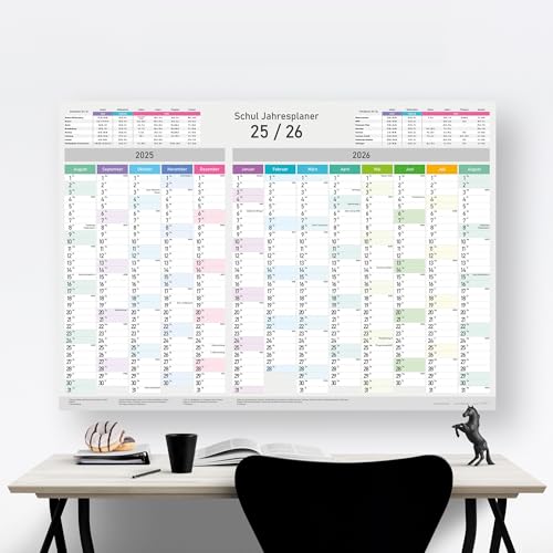 XXL Schuljahreskalender 2025/2026 - Wandkalender - Jahresplaner Schule A1 (84x59 cm), Wandplaner mit Kalenderwochen, Feiertagen & Ferien - Großformat Kalender für Schule, gefalzt Wall Calendar 25/26