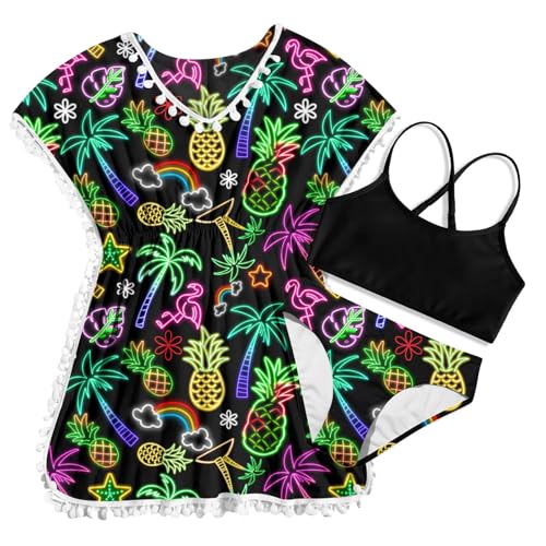 Image of Goodstoworld 7-12Y Girls 3 Piece Cover Up Swimsuit Hawaiian Bikini Bathing Suit with Pompom Tassel