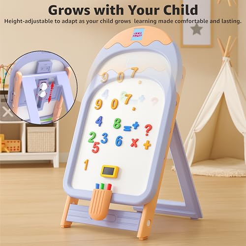 Image of Amazon Brand - Jam & Honey Ice Cream Easel Board Set for Kids | Magnetic Board with Accessories | Activity Table & Chair | Adjustable Height | Foldable | Age 2-5 Years